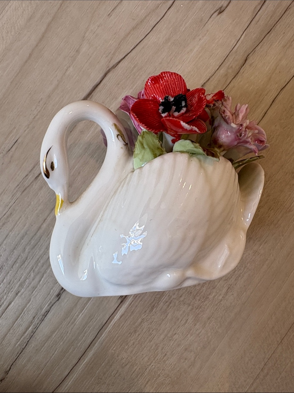 Royal Adderley Swan Planter with Red Floral Accent